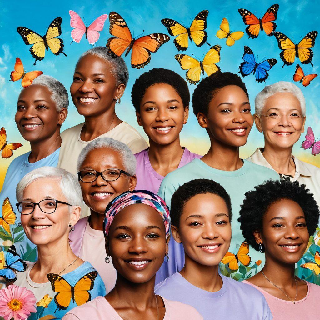 A vibrant collage featuring diverse cancer survivors standing together triumphantly, with warm sunlight illuminating their faces. Include symbols of hope such as butterflies and blooming flowers surrounding them, and incorporate essential resources like pamphlets and ribbons in the foreground. Use soft pastels and uplifting colors to evoke a sense of empowerment and resilience. super-realistic. vibrant colors. warm background.