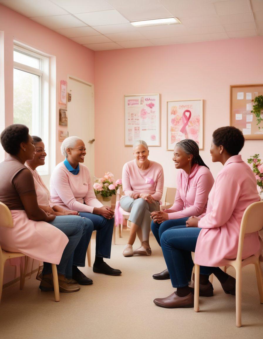 A heartwarming scene depicting a diverse group of individuals gathering in a community center, engaging in conversations about cancer care. Include elements that symbolize hope and resilience, such as pink ribbons, supportive posters, and a small garden space with blooming flowers. Emphasize connection and empowerment through body language and expressions. soft lighting, warm colors, inviting atmosphere.
