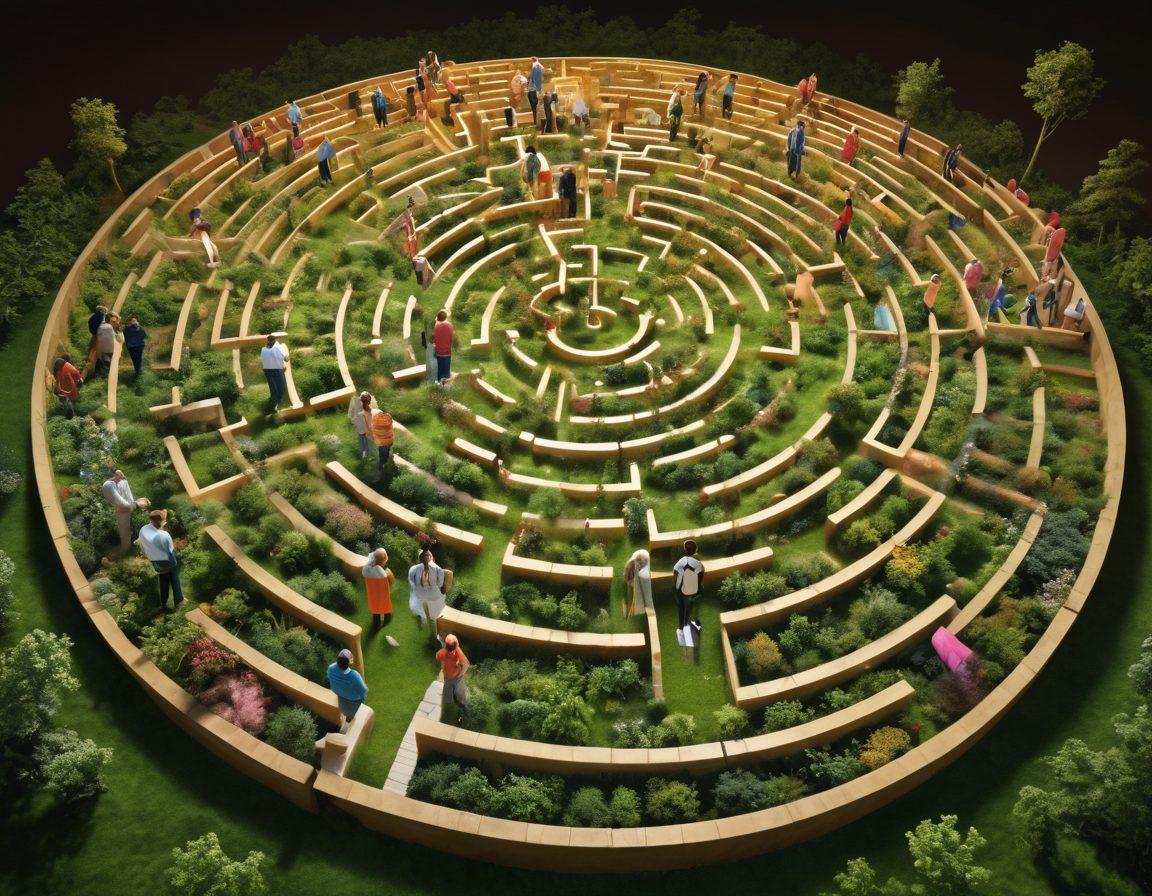 A complex maze symbolizing the journey of cancer treatment, with glowing paths lined with essential resources like guides, support groups, and medical tools at various care stages. In the foreground, a diverse group of individuals representing patients and caregivers navigate the maze with hope and determination. The background shows tranquil landscapes to evoke a sense of calm and support. vibrant colors. super-realistic. inspirational.